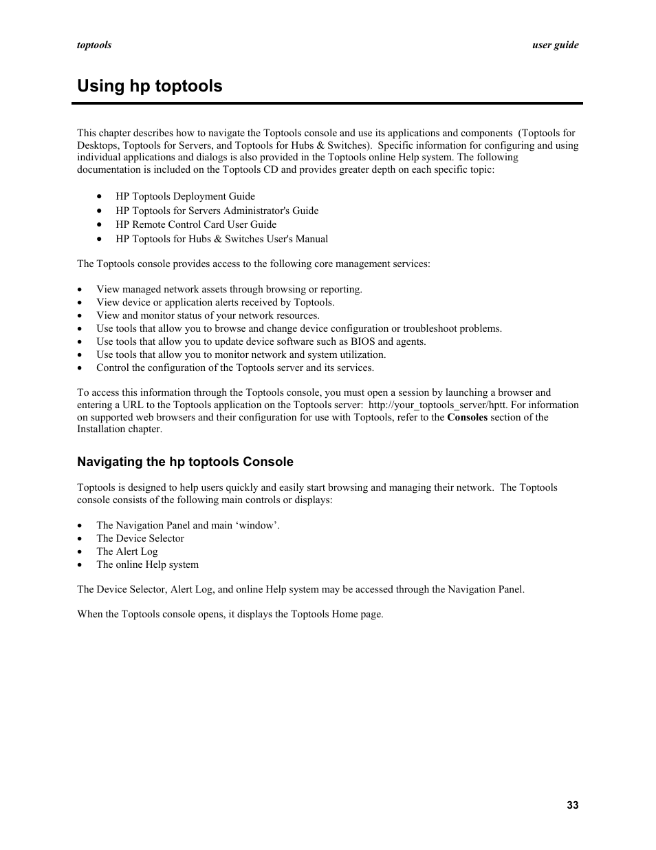 Using hp toptools, Navigating the hp toptools console | HP TopTools User Manual | Page 33 / 96