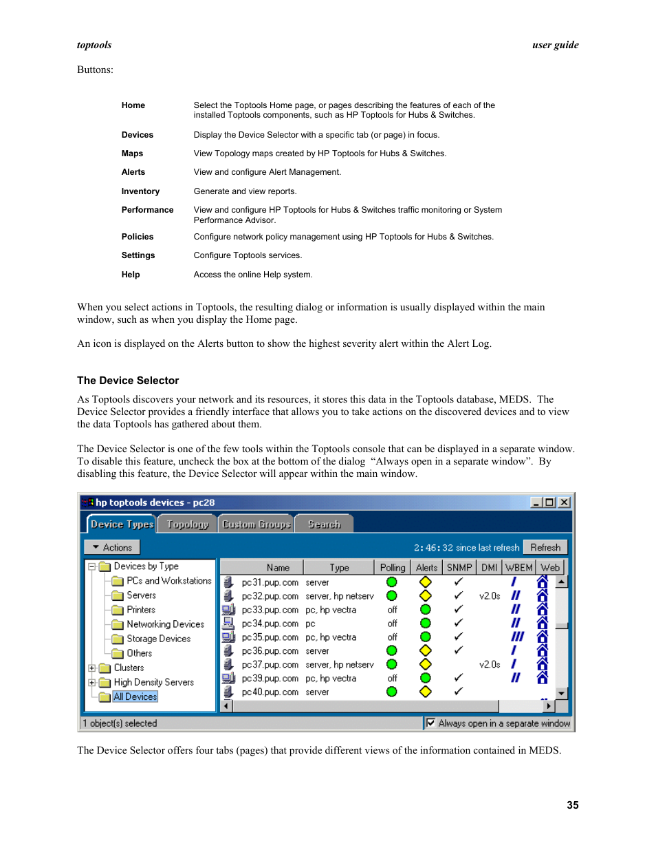 The device selector | HP TopTools User Manual | Page 35 / 96