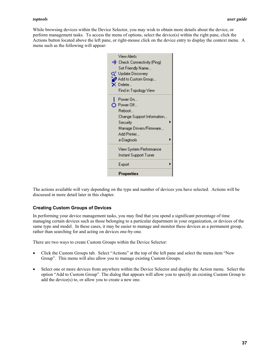 Creating custom groups of devices | HP TopTools User Manual | Page 37 / 96