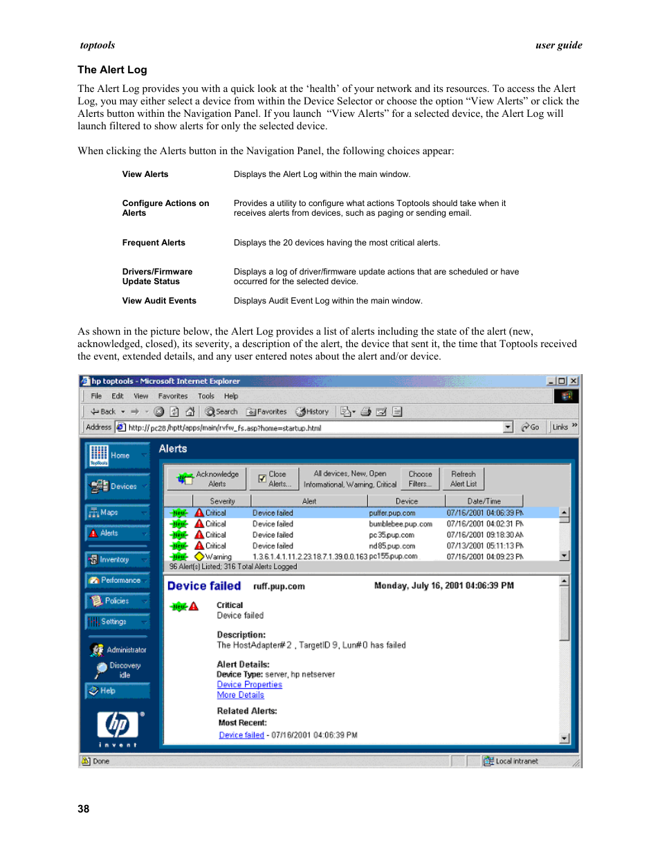 The alert log | HP TopTools User Manual | Page 38 / 96