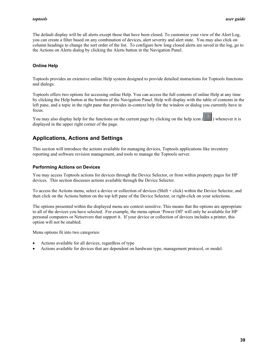 Online help, Applications, actions and settings, Performing actions on devices | HP TopTools User Manual | Page 39 / 96