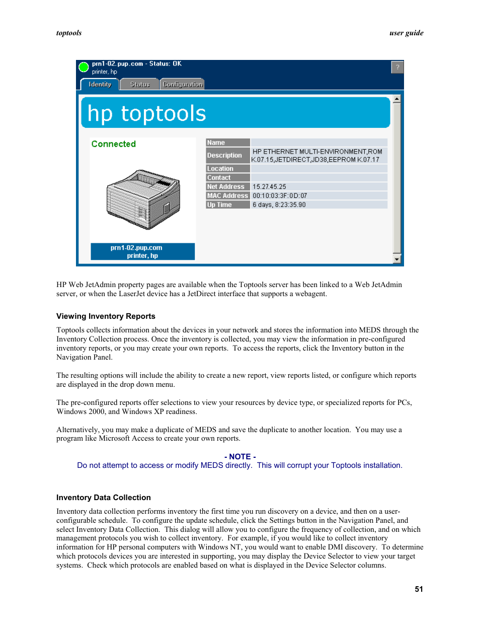 Viewing inventory reports, Inventory data collection | HP TopTools User Manual | Page 51 / 96