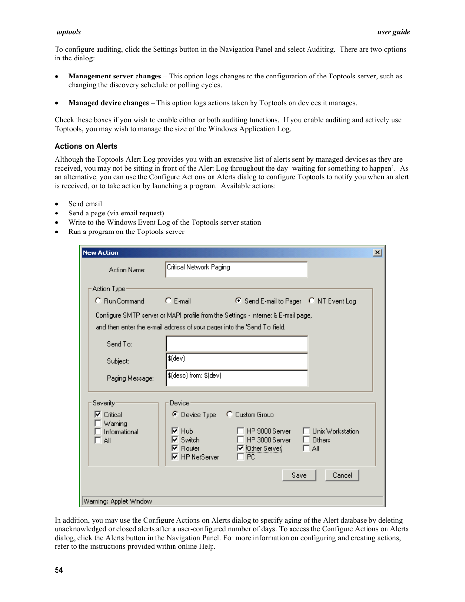 Actions on alerts | HP TopTools User Manual | Page 54 / 96