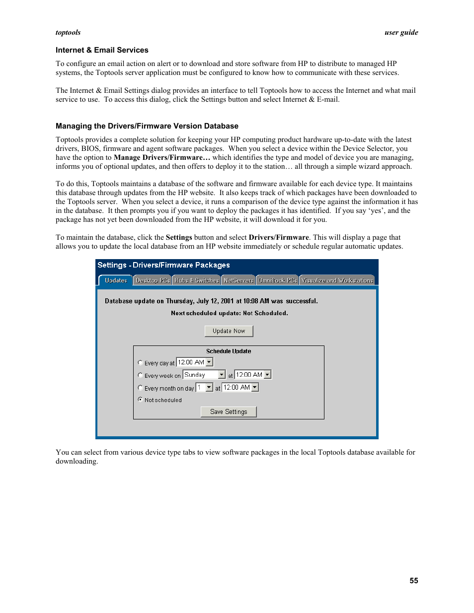 Internet & email services, Managing the drivers/firmware version database | HP TopTools User Manual | Page 55 / 96