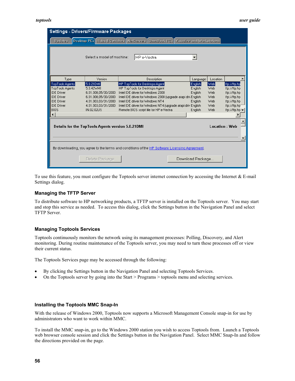 Managing the tftp server, Managing toptools services, Installing the toptools mmc snap-in | HP TopTools User Manual | Page 56 / 96