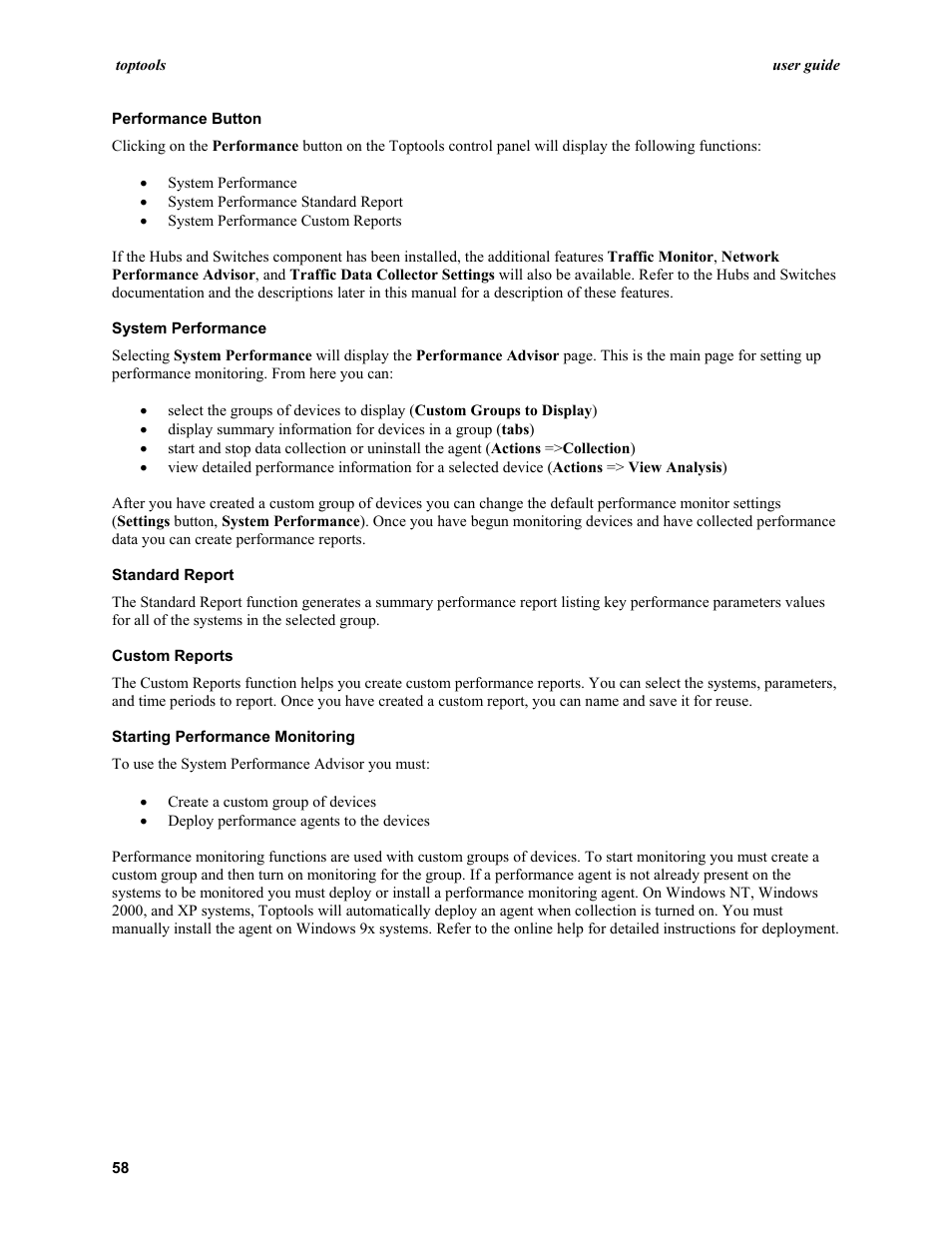 Performance button, System performance, Standard report | Custom reports, Starting performance monitoring | HP TopTools User Manual | Page 58 / 96