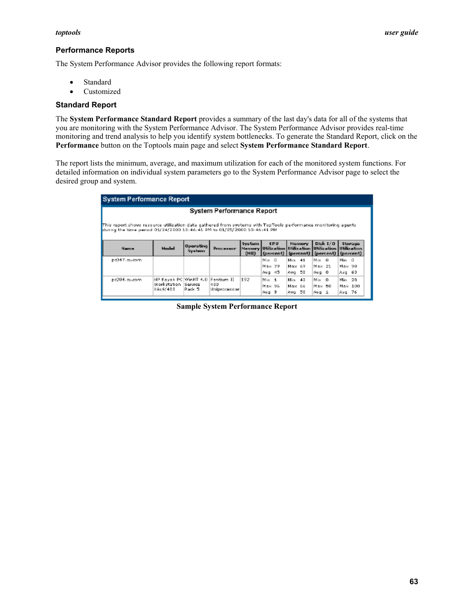 Performance reports, Standard report | HP TopTools User Manual | Page 63 / 96