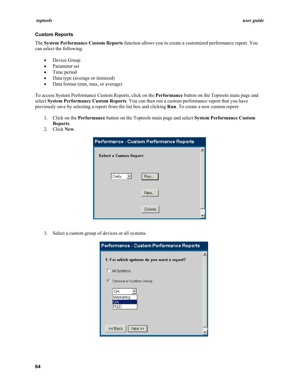 Custom reports | HP TopTools User Manual | Page 64 / 96