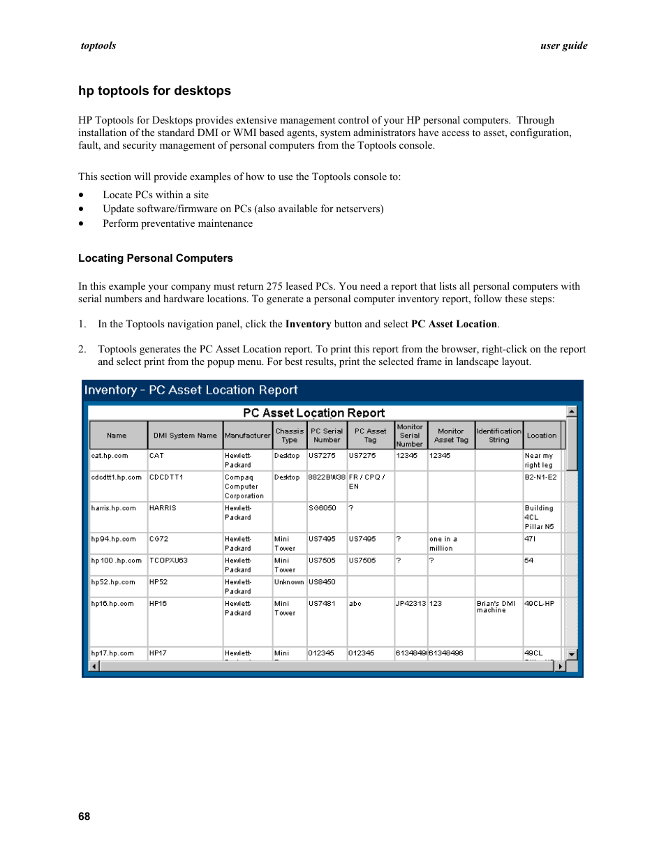 Hp toptools for desktops, Locating personal computers | HP TopTools User Manual | Page 68 / 96