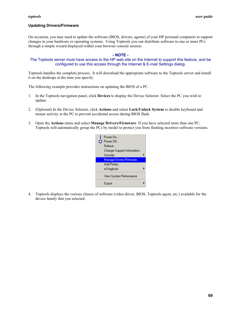 Updating drivers/firmware | HP TopTools User Manual | Page 69 / 96