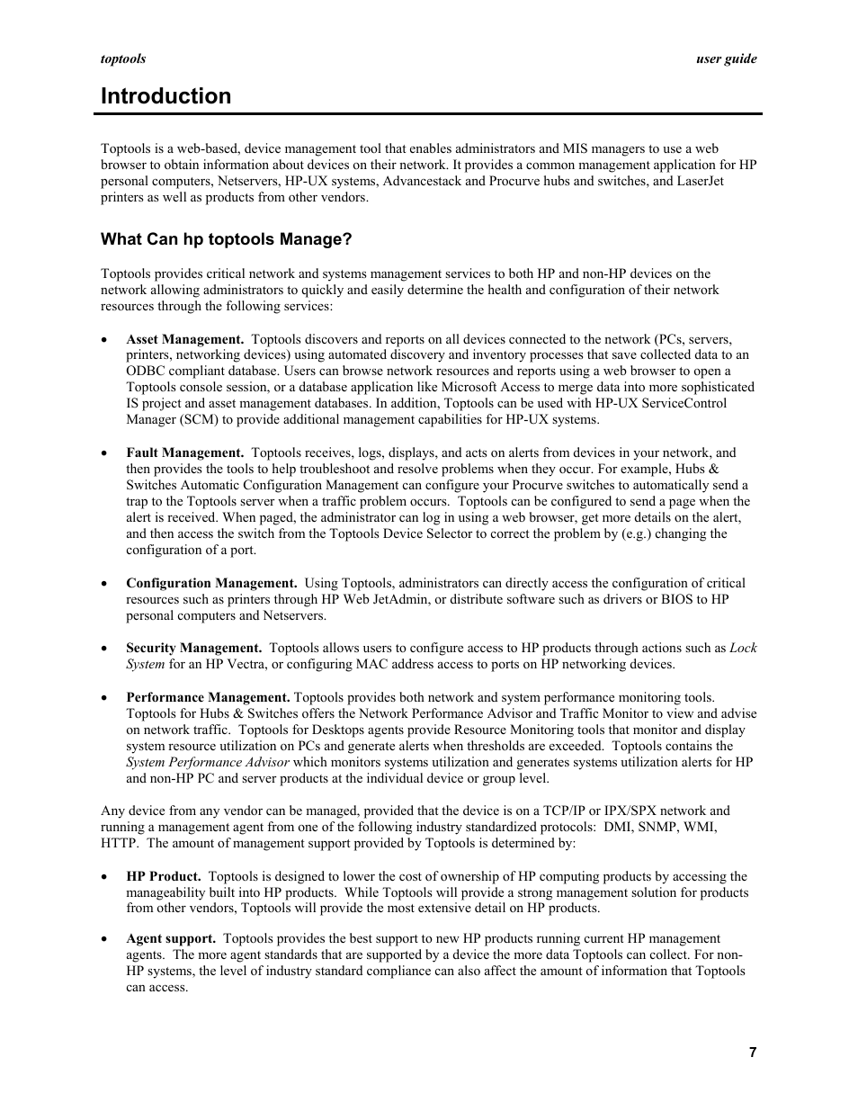 What can hp toptools manage, Introduction | HP TopTools User Manual | Page 7 / 96