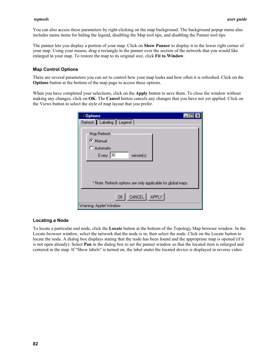Map control options, Locating a node | HP TopTools User Manual | Page 82 / 96