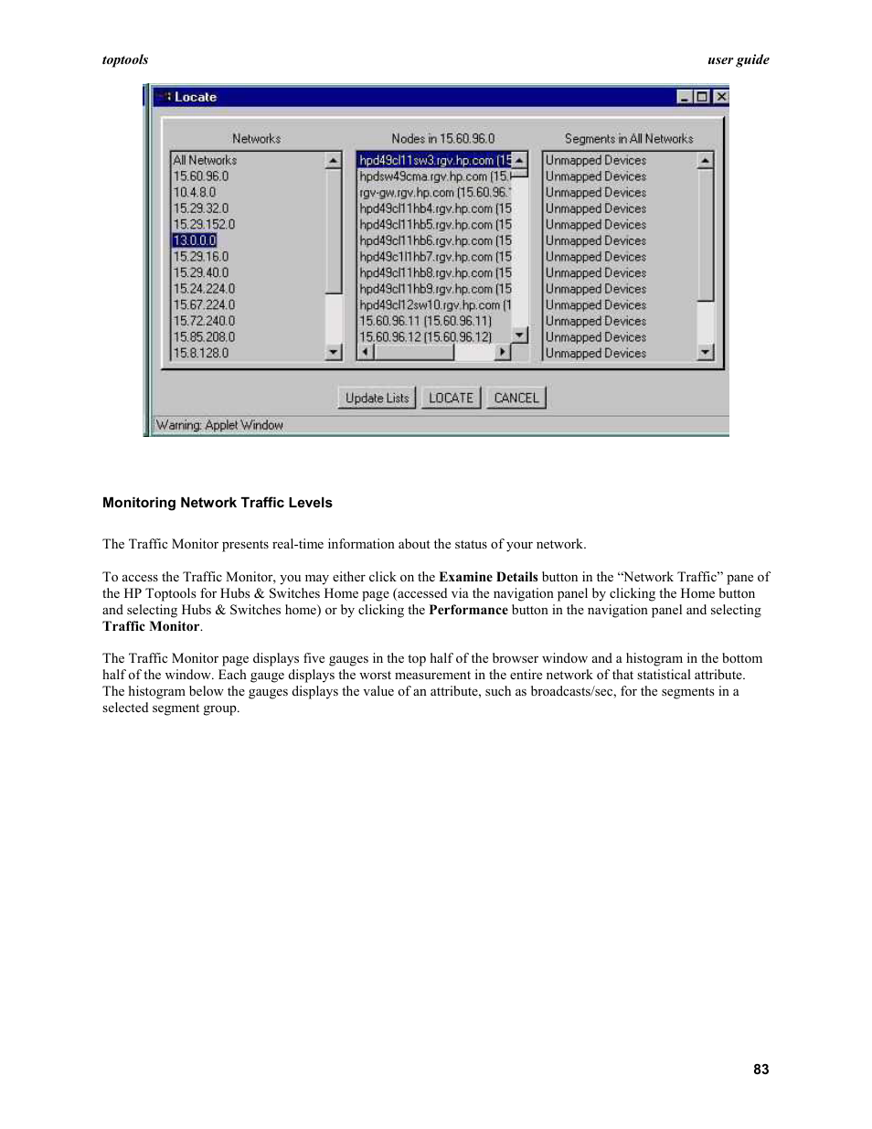 Monitoring network traffic levels | HP TopTools User Manual | Page 83 / 96
