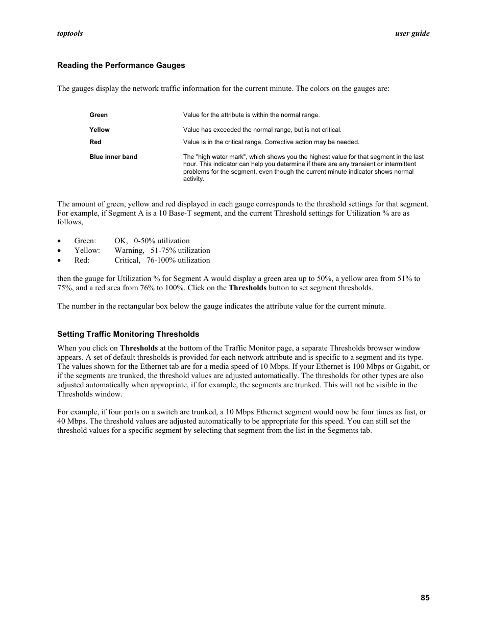 Reading the performance gauges, Setting traffic monitoring thresholds | HP TopTools User Manual | Page 85 / 96