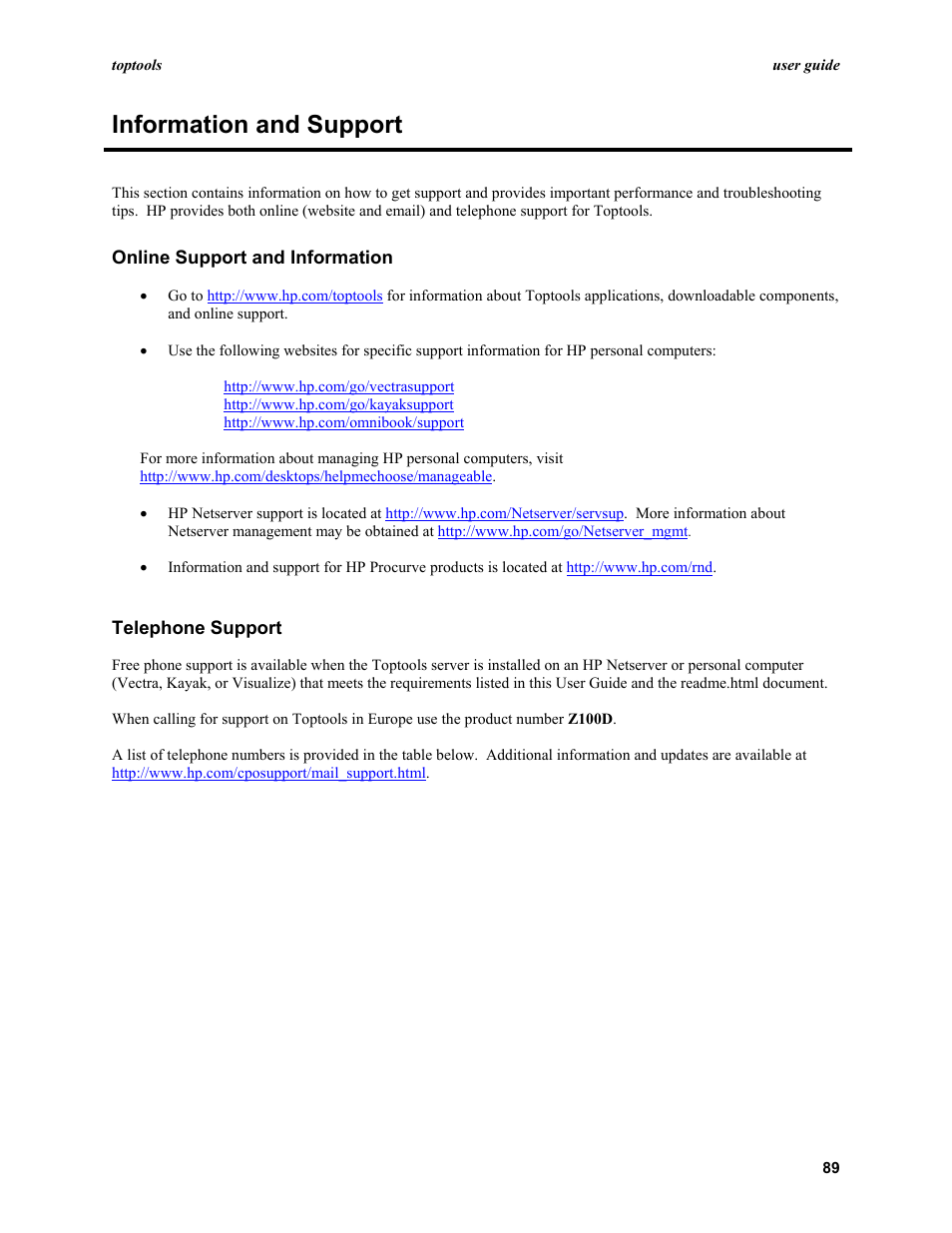 Information and support, Online support and information, Telephone support | HP TopTools User Manual | Page 89 / 96