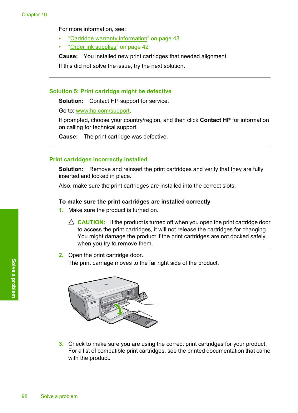 Print cartridges incorrectly installed, Solution 5: print cartridge might be defective | HP Photosmart C4680 All-in-One Printer User Manual | Page 101 / 135