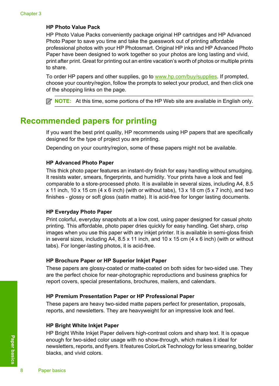 Recommended papers for printing | HP Photosmart C4680 All-in-One Printer User Manual | Page 11 / 135