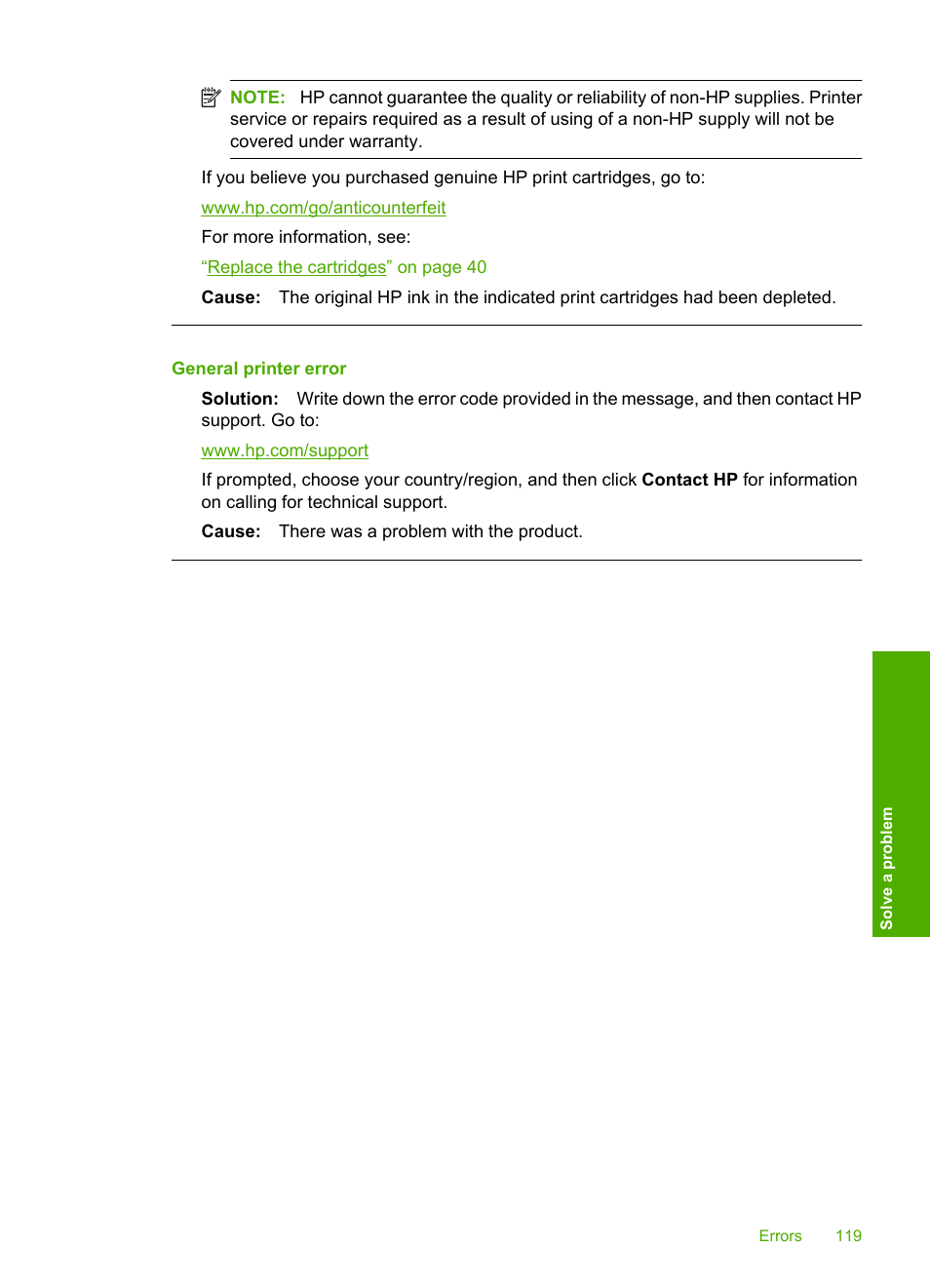 General printer error | HP Photosmart C4680 All-in-One Printer User Manual | Page 122 / 135