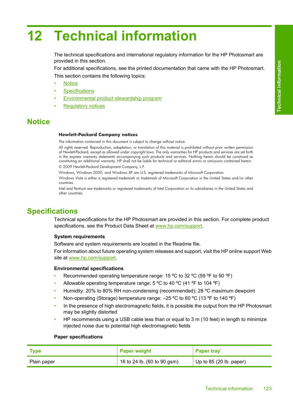Technical information, Notice, Specifications | 12 technical information, Notice specifications | HP Photosmart C4680 All-in-One Printer User Manual | Page 126 / 135