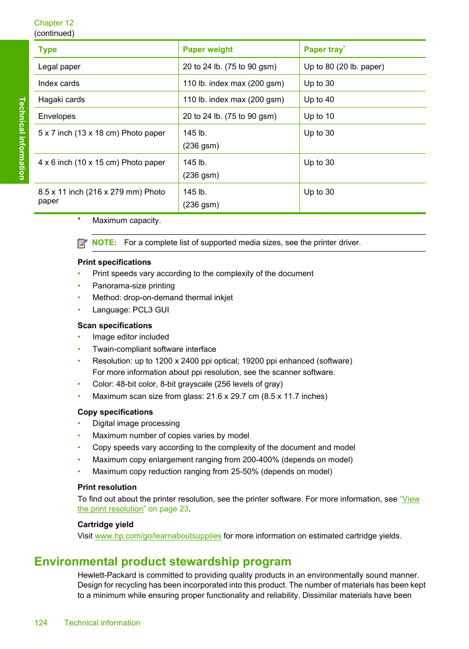 Environmental product stewardship program, Paper tray | HP Photosmart C4680 All-in-One Printer User Manual | Page 127 / 135