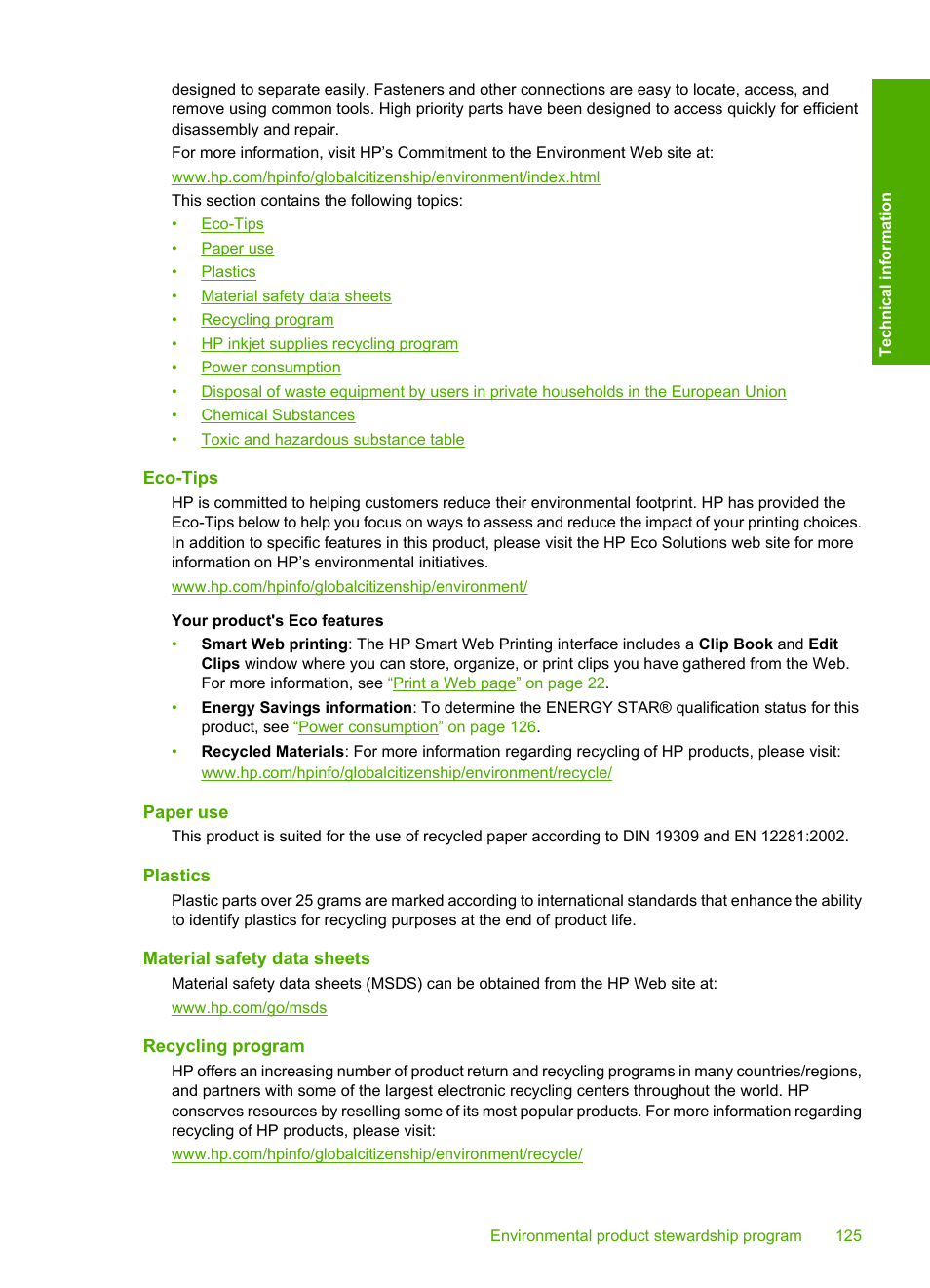 Eco-tips, Paper use, Plastics | Material safety data sheets, Recycling program | HP Photosmart C4680 All-in-One Printer User Manual | Page 128 / 135