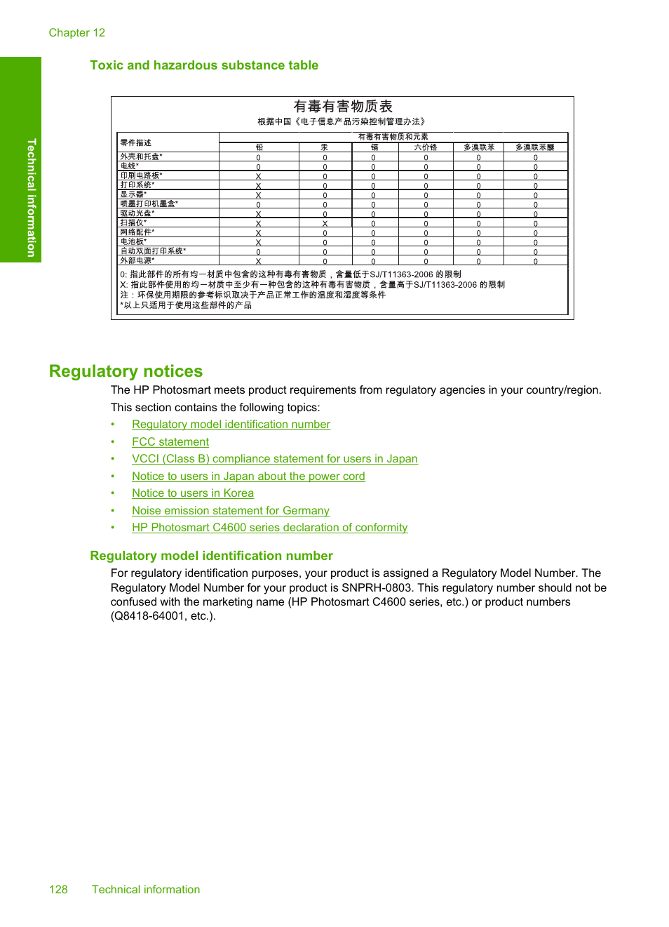 Toxic and hazardous substance table, Regulatory notices, Regulatory model identification number | HP Photosmart C4680 All-in-One Printer User Manual | Page 131 / 135