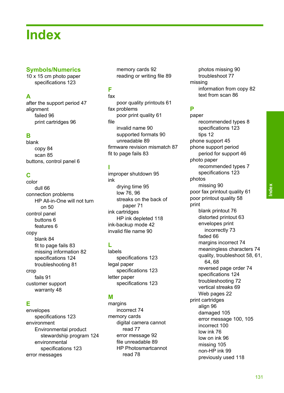 Index | HP Photosmart C4680 All-in-One Printer User Manual | Page 134 / 135