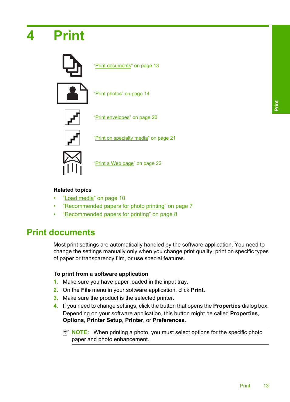 Print, Print documents, 4 print | 4print | HP Photosmart C4680 All-in-One Printer User Manual | Page 16 / 135