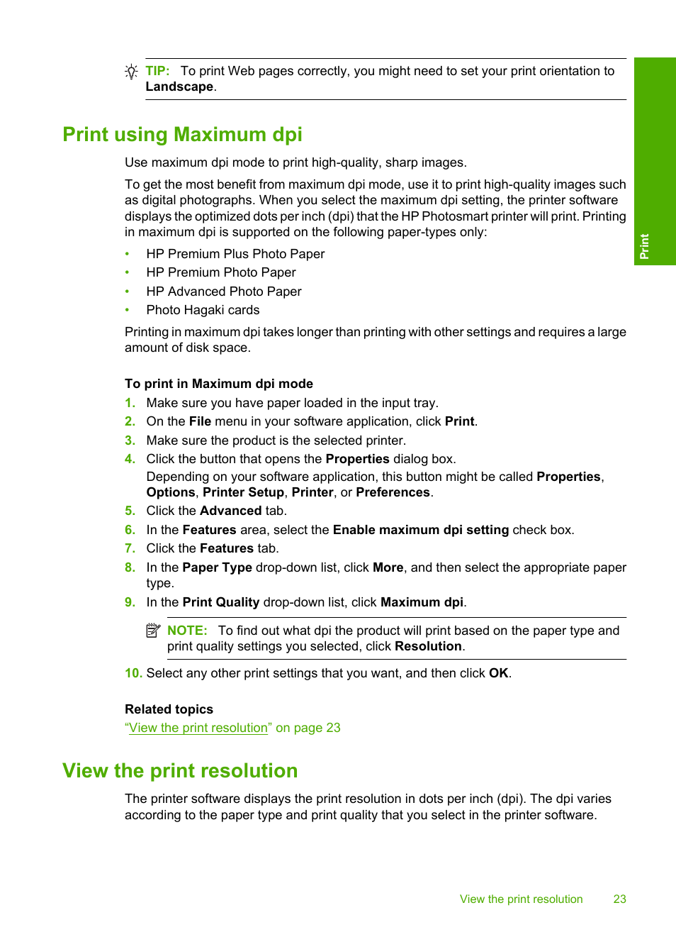 Print using maximum dpi, View the print resolution | HP Photosmart C4680 All-in-One Printer User Manual | Page 26 / 135