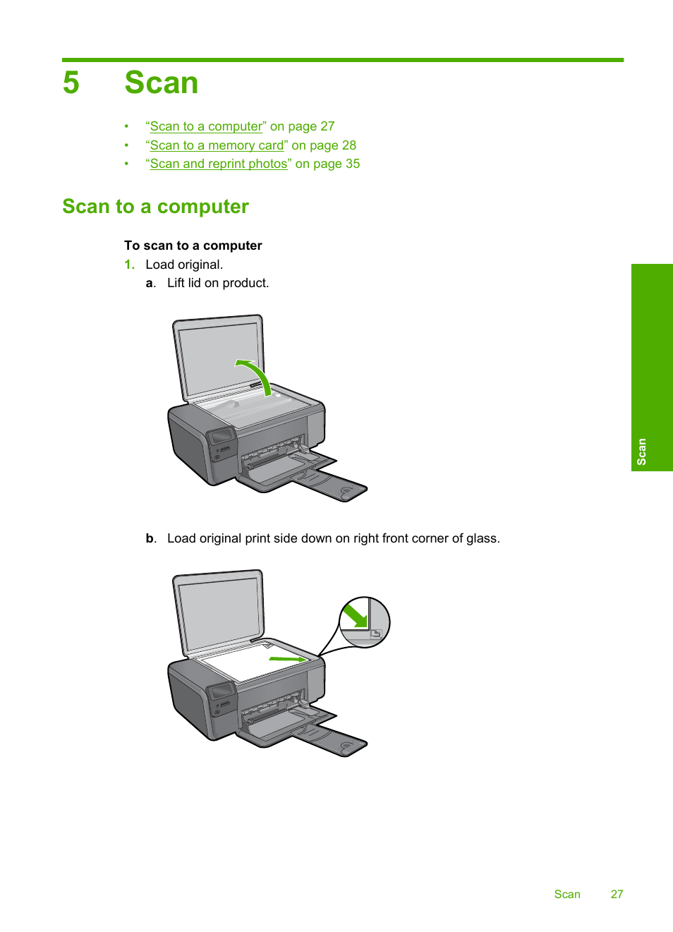 Scan, Scan to a computer, 5 scan | 5scan | HP Photosmart C4680 All-in-One Printer User Manual | Page 30 / 135