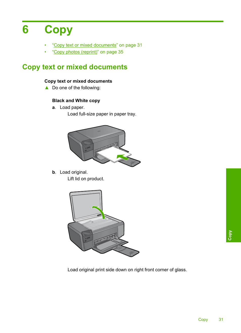 Copy, Copy text or mixed documents, 6 copy | 6copy | HP Photosmart C4680 All-in-One Printer User Manual | Page 34 / 135