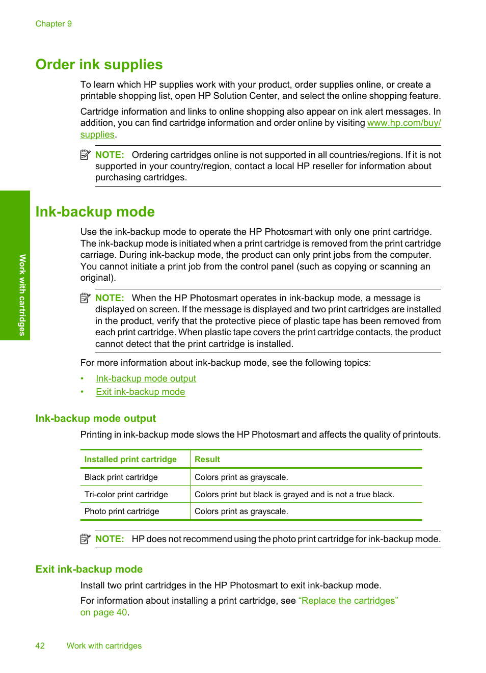 Order ink supplies, Ink-backup mode | HP Photosmart C4680 All-in-One Printer User Manual | Page 45 / 135