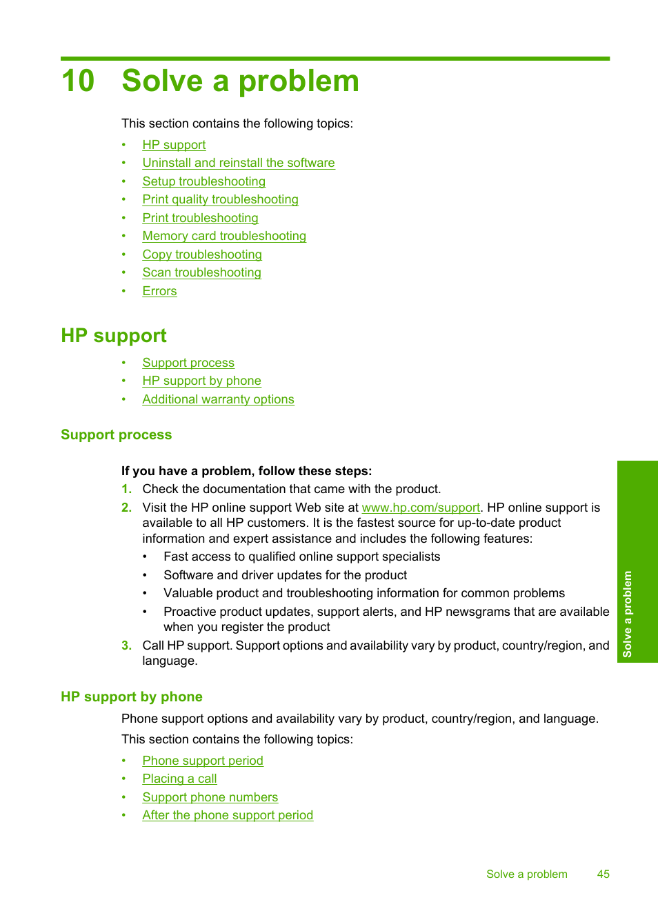 Solve a problem, Hp support, Support process | Hp support by phone, 10 solve a problem | HP Photosmart C4680 All-in-One Printer User Manual | Page 48 / 135