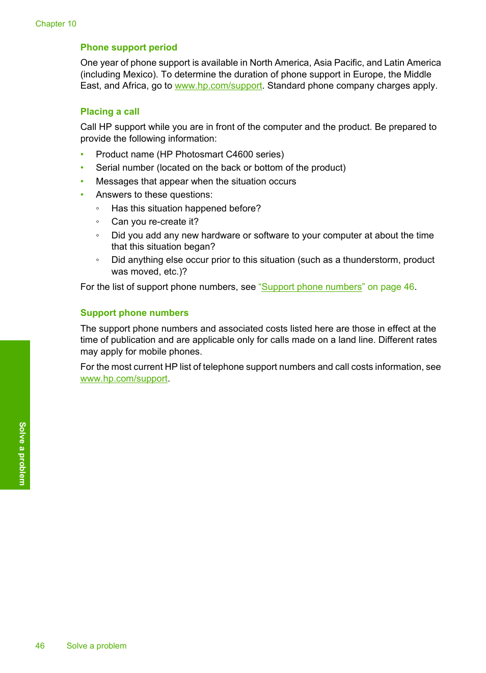 Phone support period, Placing a call, Support phone numbers | HP Photosmart C4680 All-in-One Printer User Manual | Page 49 / 135