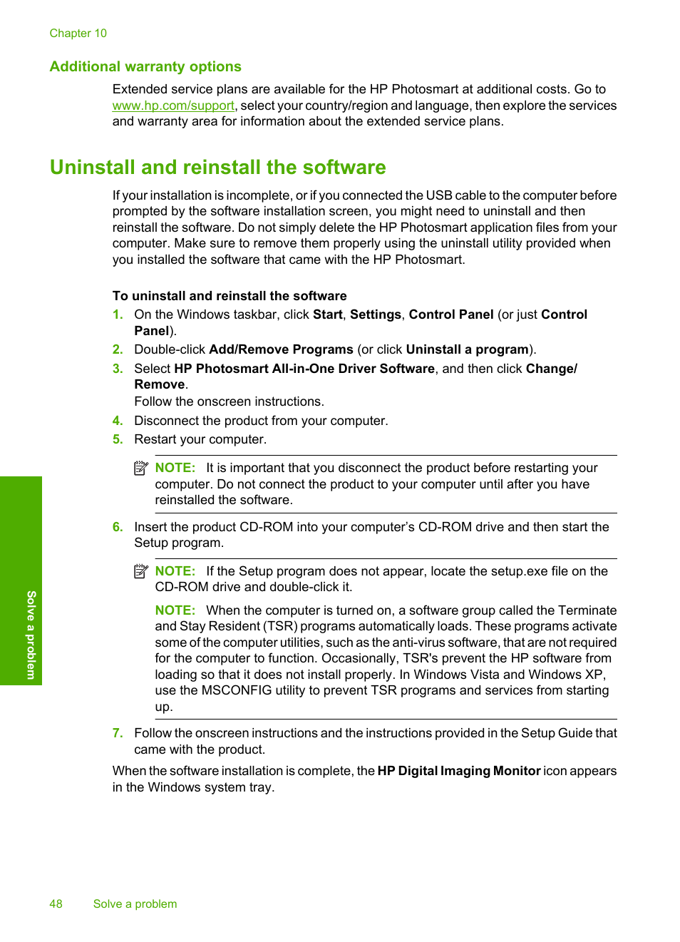 Additional warranty options, Uninstall and reinstall the software | HP Photosmart C4680 All-in-One Printer User Manual | Page 51 / 135