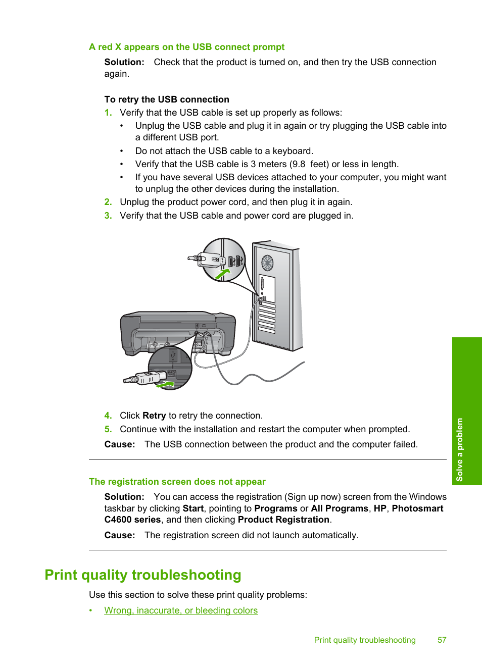 Print quality troubleshooting, A red x appears on the usb connect prompt, The registration screen does not appear | HP Photosmart C4680 All-in-One Printer User Manual | Page 60 / 135