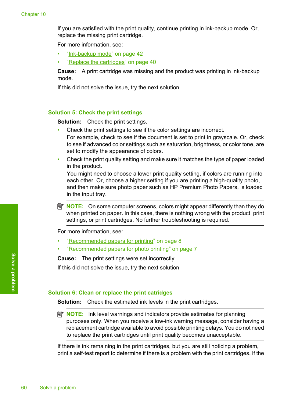 Solution 5: check the print settings, Solution 6: clean or replace the print catridges | HP Photosmart C4680 All-in-One Printer User Manual | Page 63 / 135