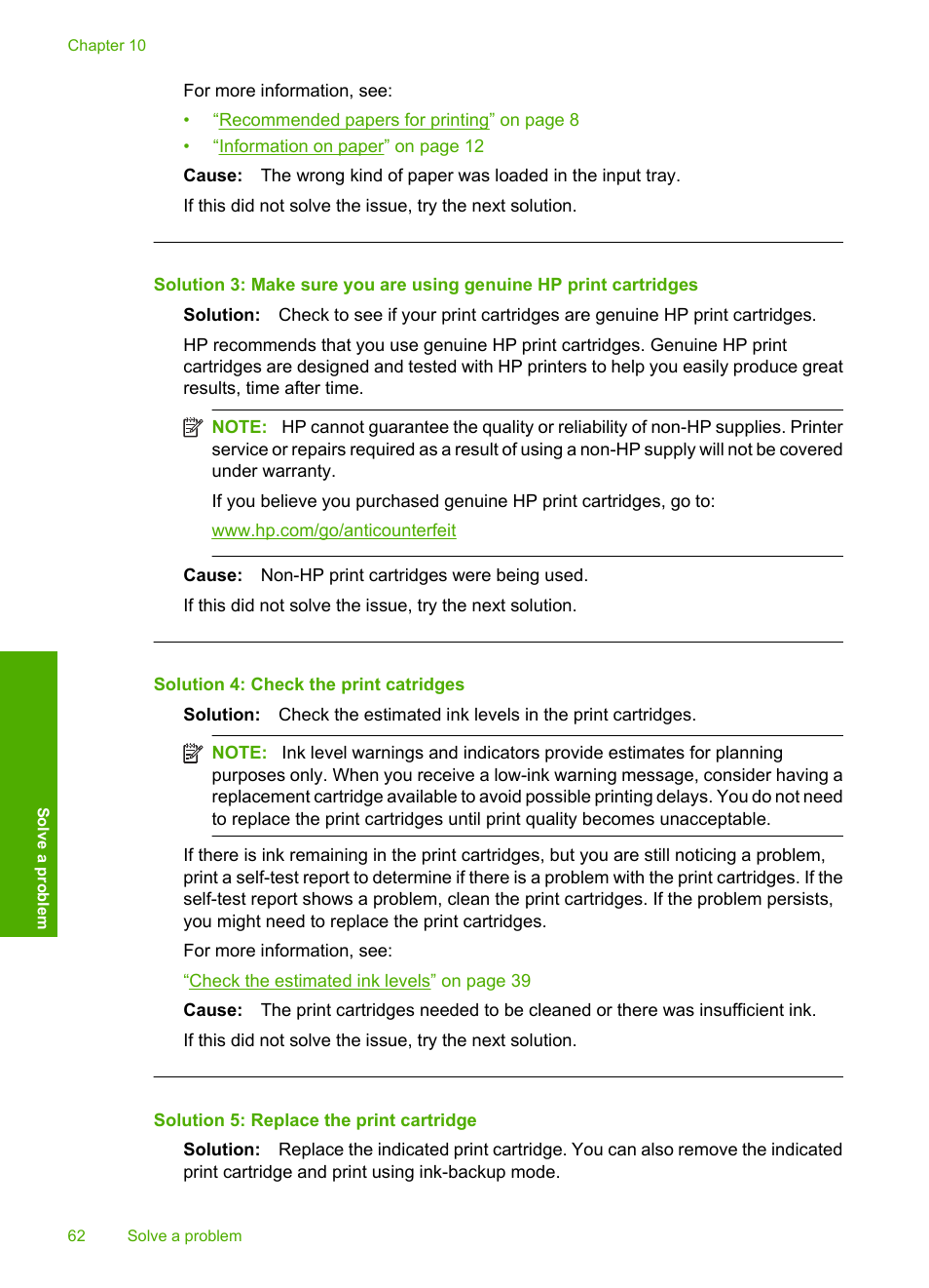 Solution 4: check the print catridges, Solution 5: replace the print cartridge | HP Photosmart C4680 All-in-One Printer User Manual | Page 65 / 135