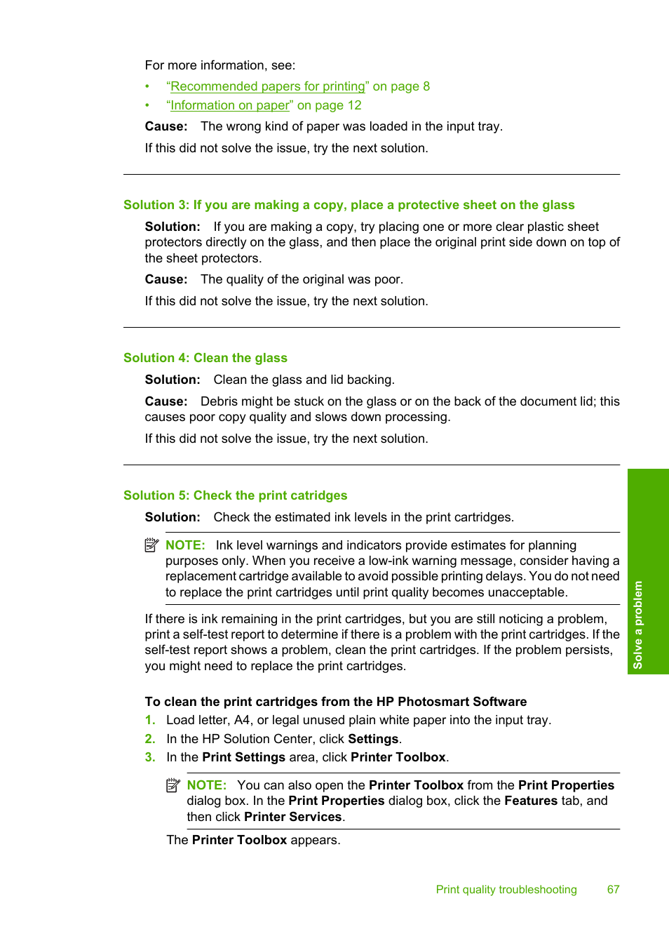 Solution 4: clean the glass, Solution 5: check the print catridges | HP Photosmart C4680 All-in-One Printer User Manual | Page 70 / 135