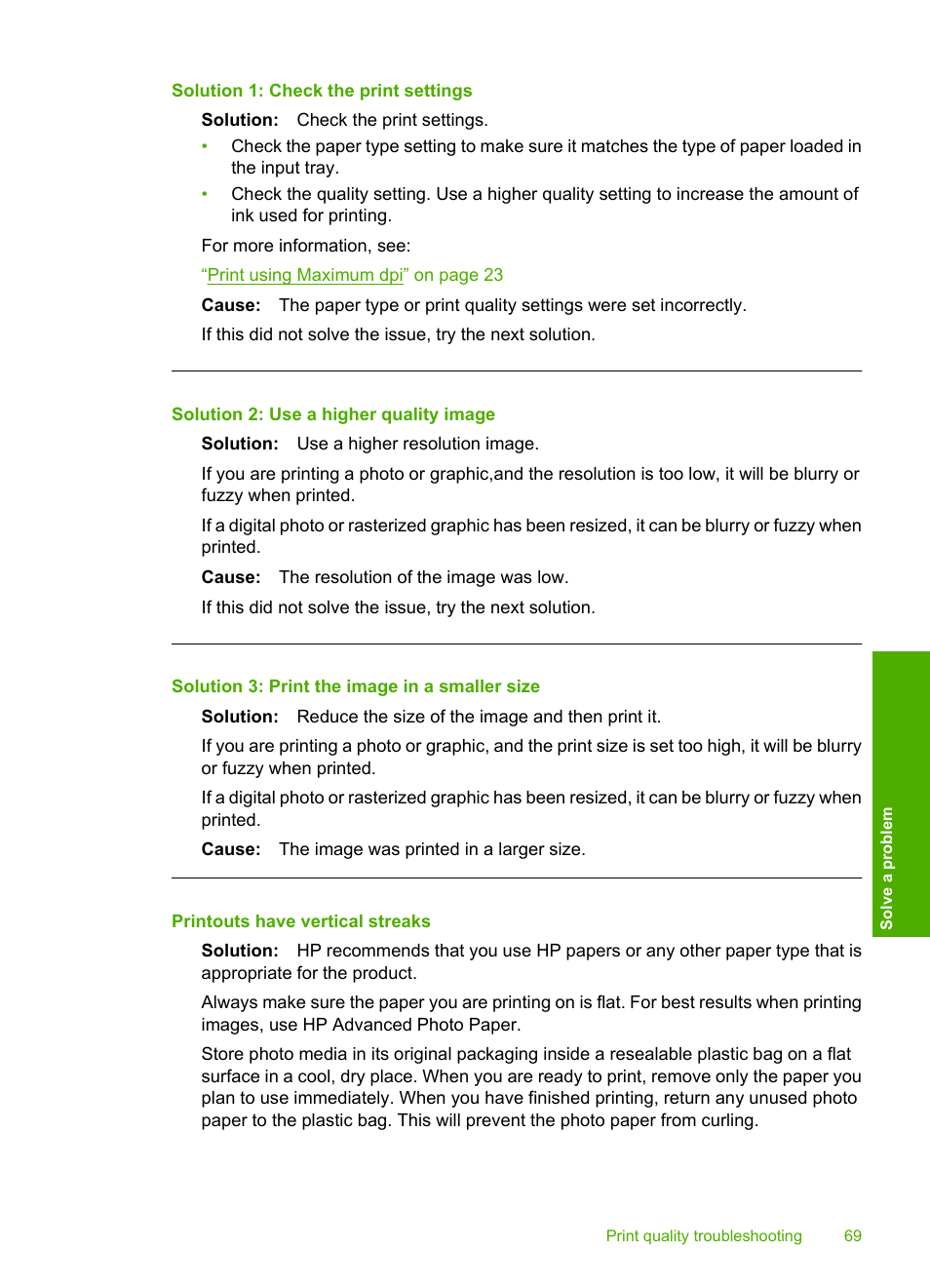 Printouts have vertical streaks, Solution 1: check the print settings, Solution 2: use a higher quality image | Solution 3: print the image in a smaller size | HP Photosmart C4680 All-in-One Printer User Manual | Page 72 / 135