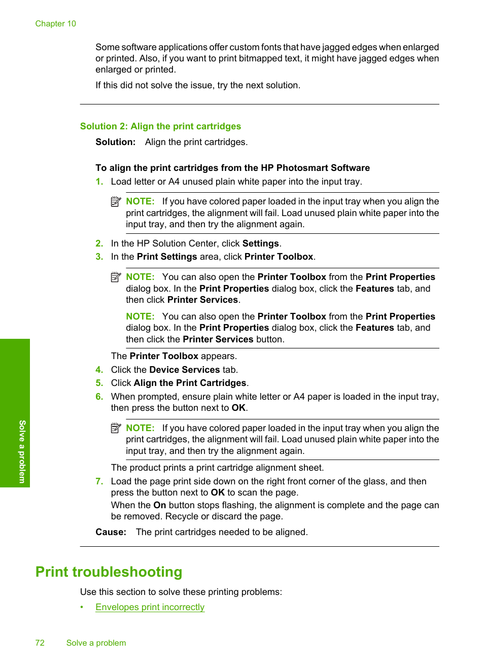 Print troubleshooting, Solution 2: align the print cartridges | HP Photosmart C4680 All-in-One Printer User Manual | Page 75 / 135
