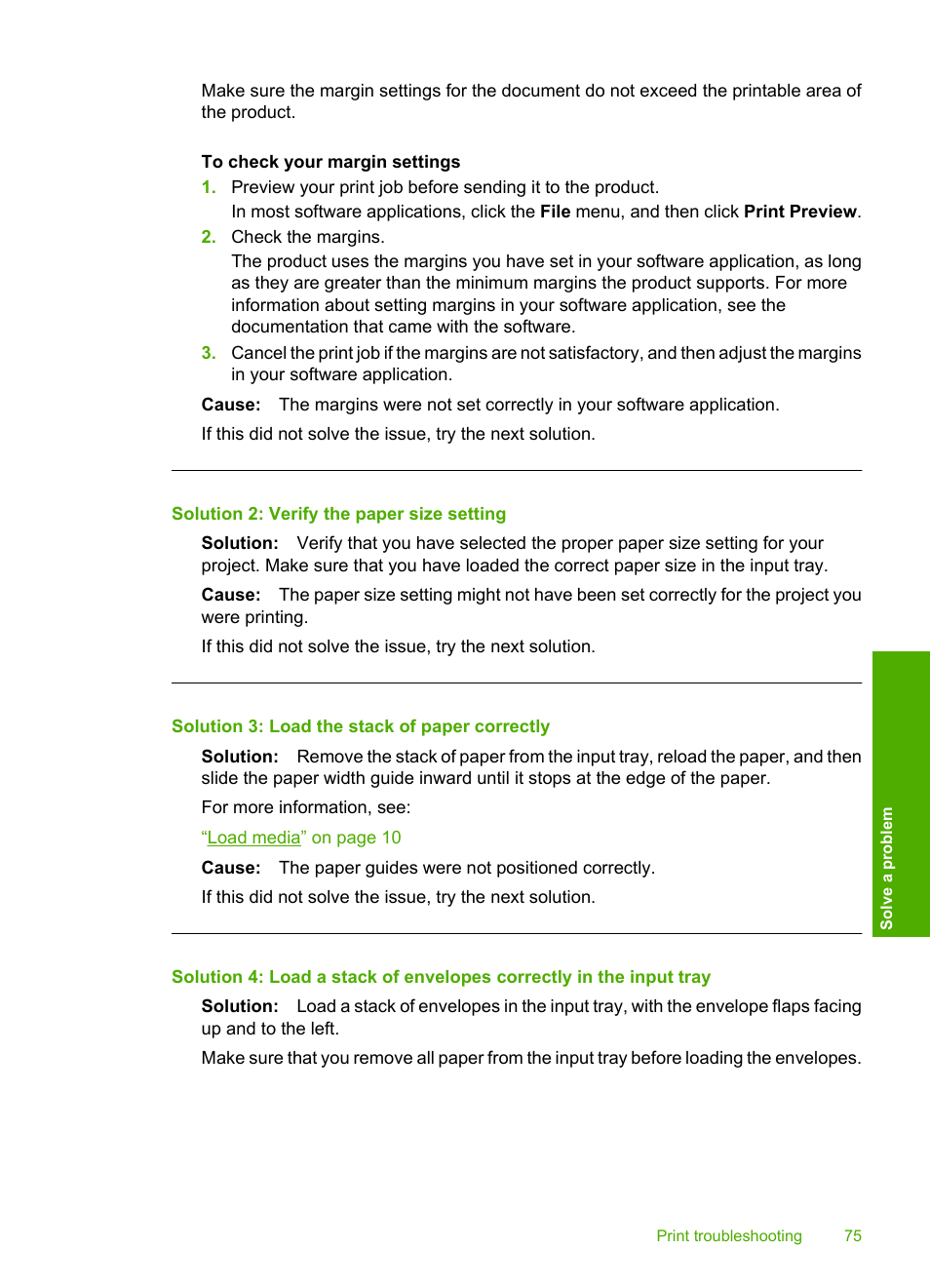 Solution 2: verify the paper size setting, Solution 3: load the stack of paper correctly | HP Photosmart C4680 All-in-One Printer User Manual | Page 78 / 135