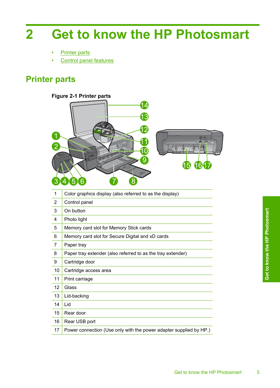Get to know the hp photosmart, Printer parts, 2 get to know the hp photosmart | 2get to know the hp photosmart | HP Photosmart C4680 All-in-One Printer User Manual | Page 8 / 135
