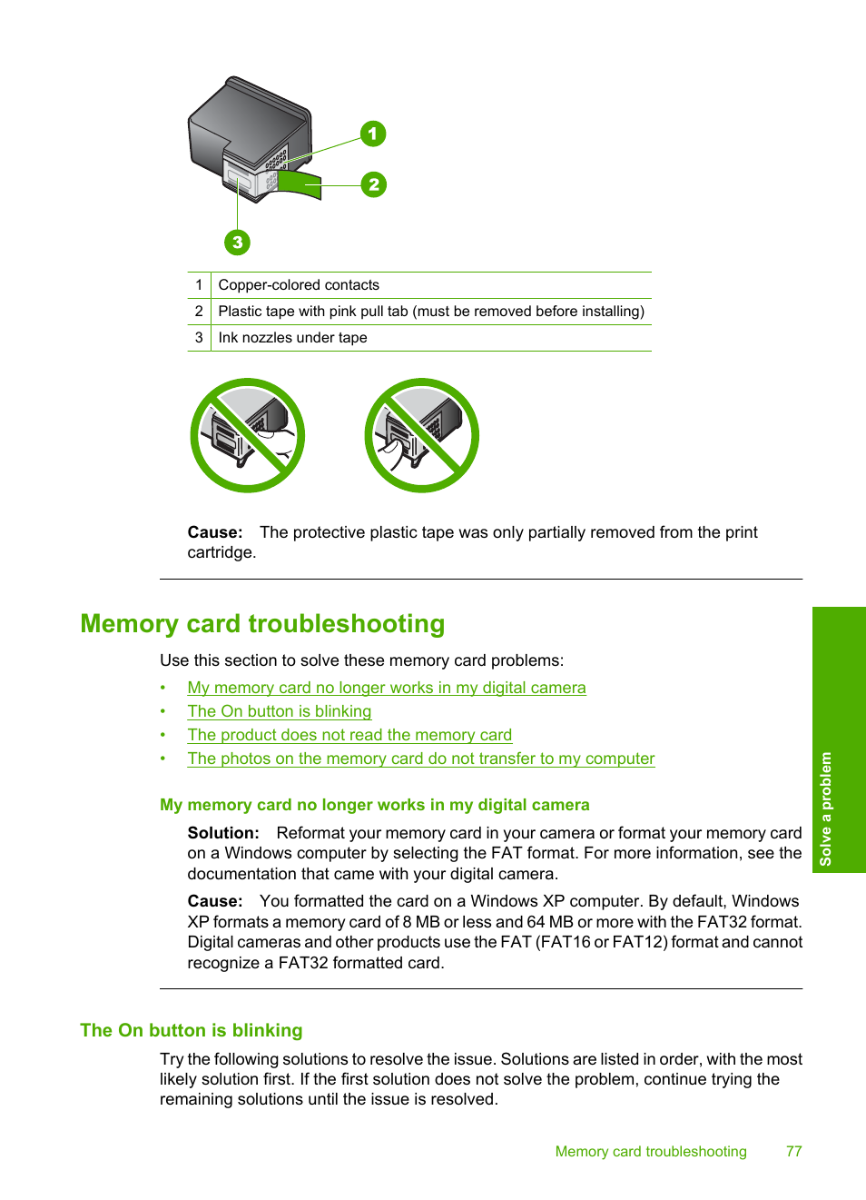 Memory card troubleshooting, The on button is blinking | HP Photosmart C4680 All-in-One Printer User Manual | Page 80 / 135