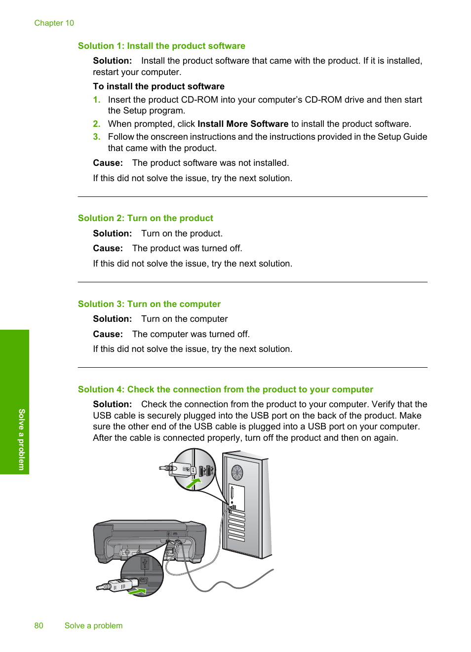 Solution 1: install the product software, Solution 2: turn on the product, Solution 3: turn on the computer | HP Photosmart C4680 All-in-One Printer User Manual | Page 83 / 135