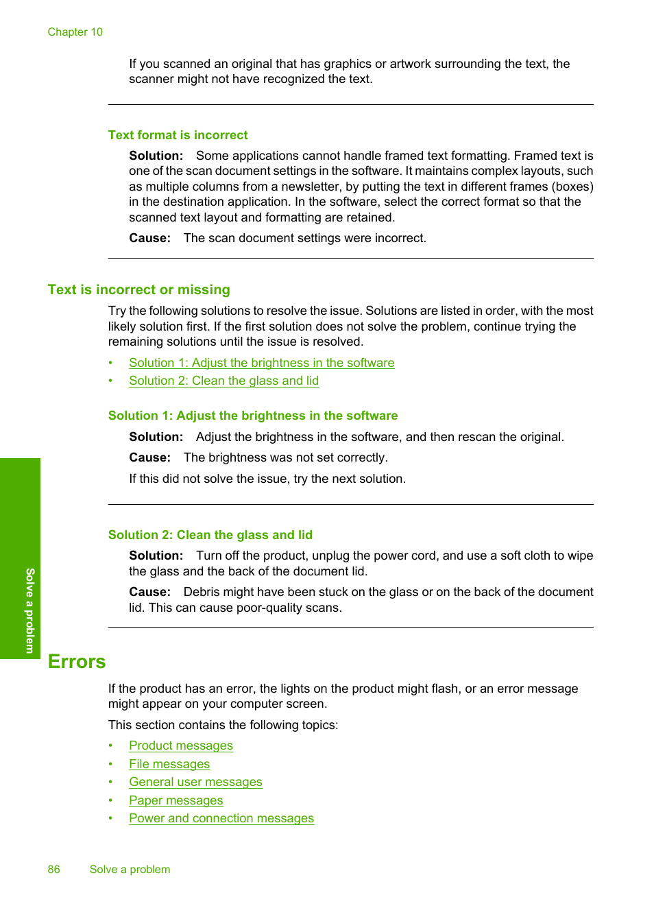 Text is incorrect or missing, Errors, Text format is incorrect | HP Photosmart C4680 All-in-One Printer User Manual | Page 89 / 135
