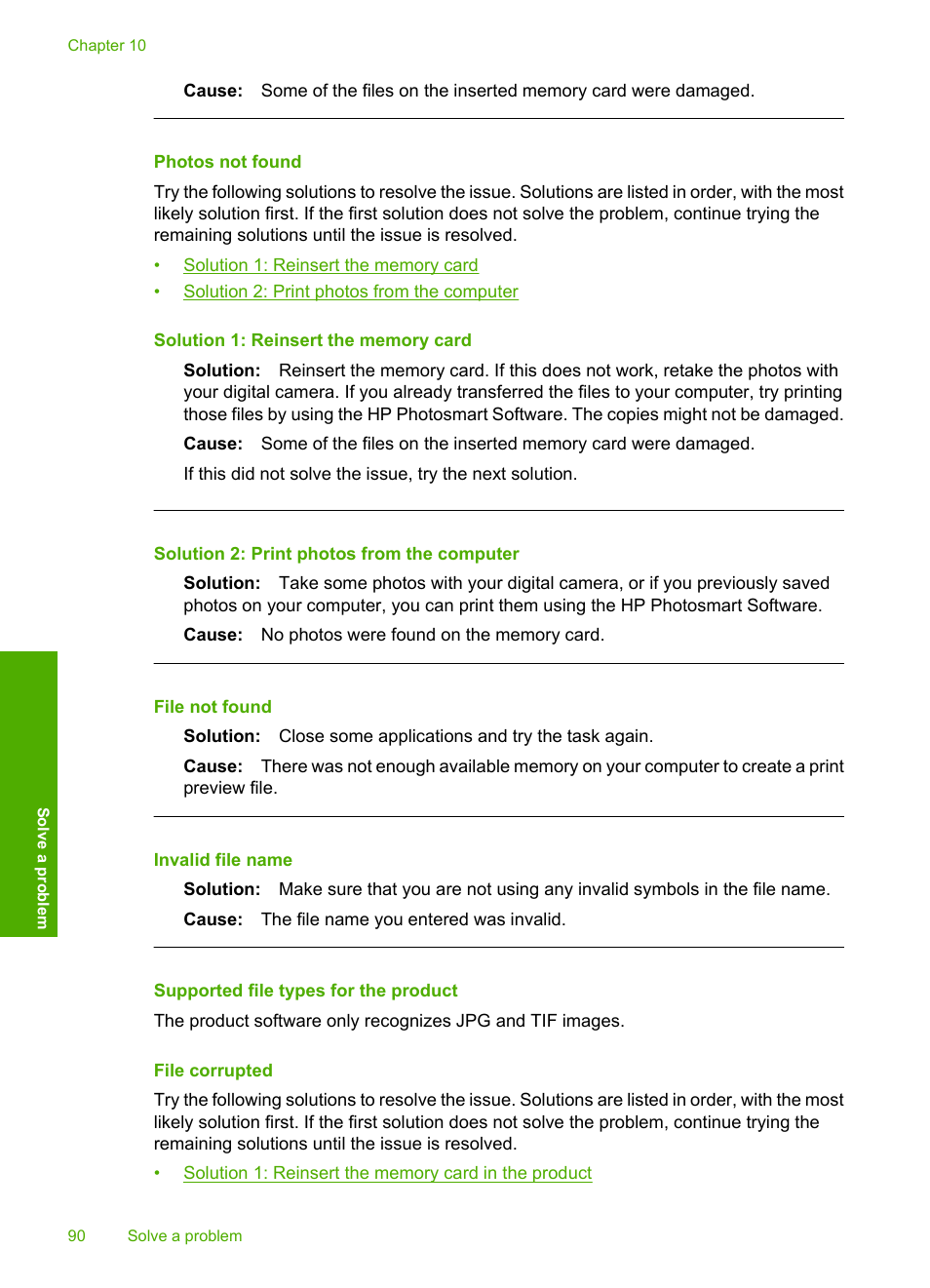 Photos not found, Supported file types for the product, File corrupted | File not found, Invalid file name | HP Photosmart C4680 All-in-One Printer User Manual | Page 93 / 135