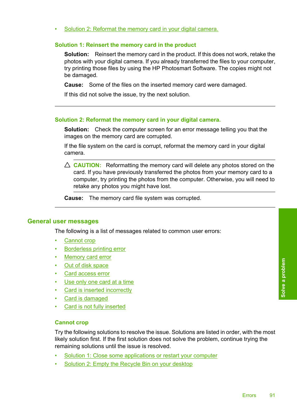 General user messages, Cannot crop | HP Photosmart C4680 All-in-One Printer User Manual | Page 94 / 135