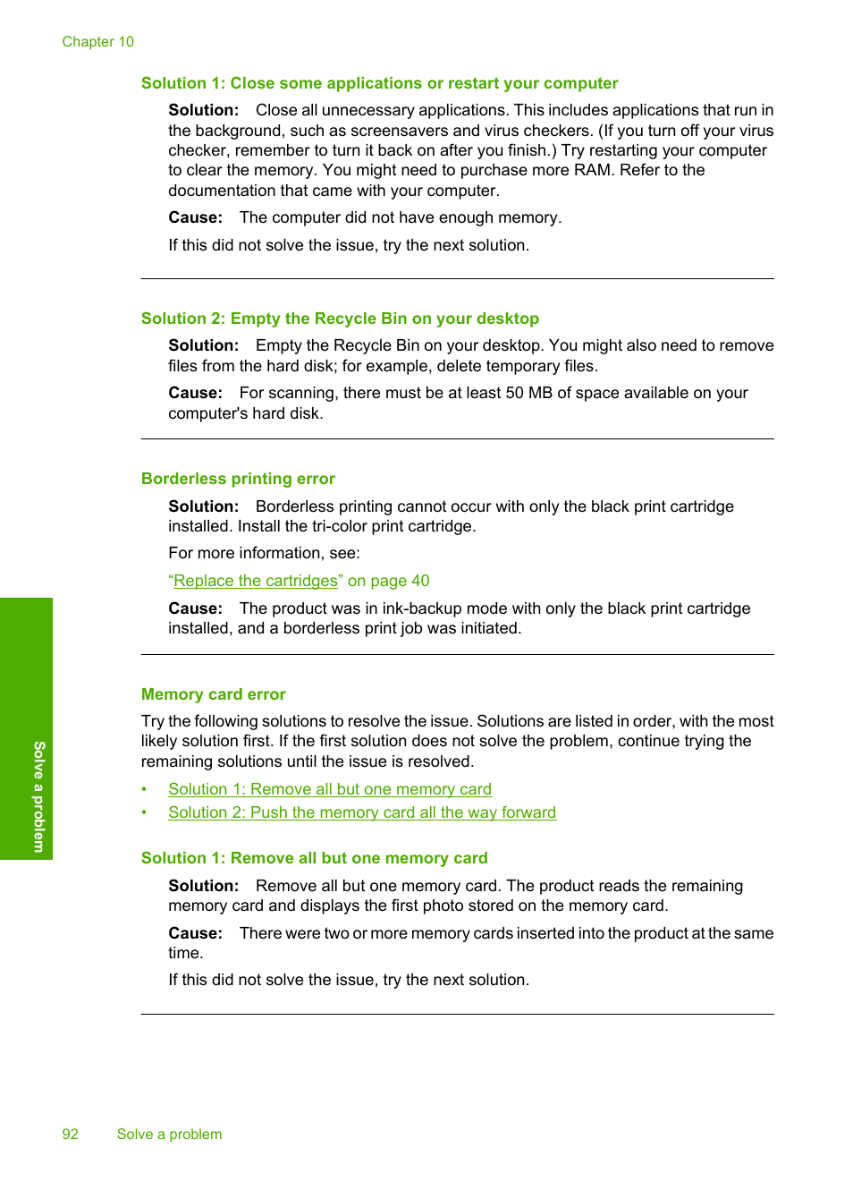 Memory card error, Borderless printing error, Solution 2: empty the recycle bin on your desktop | HP Photosmart C4680 All-in-One Printer User Manual | Page 95 / 135