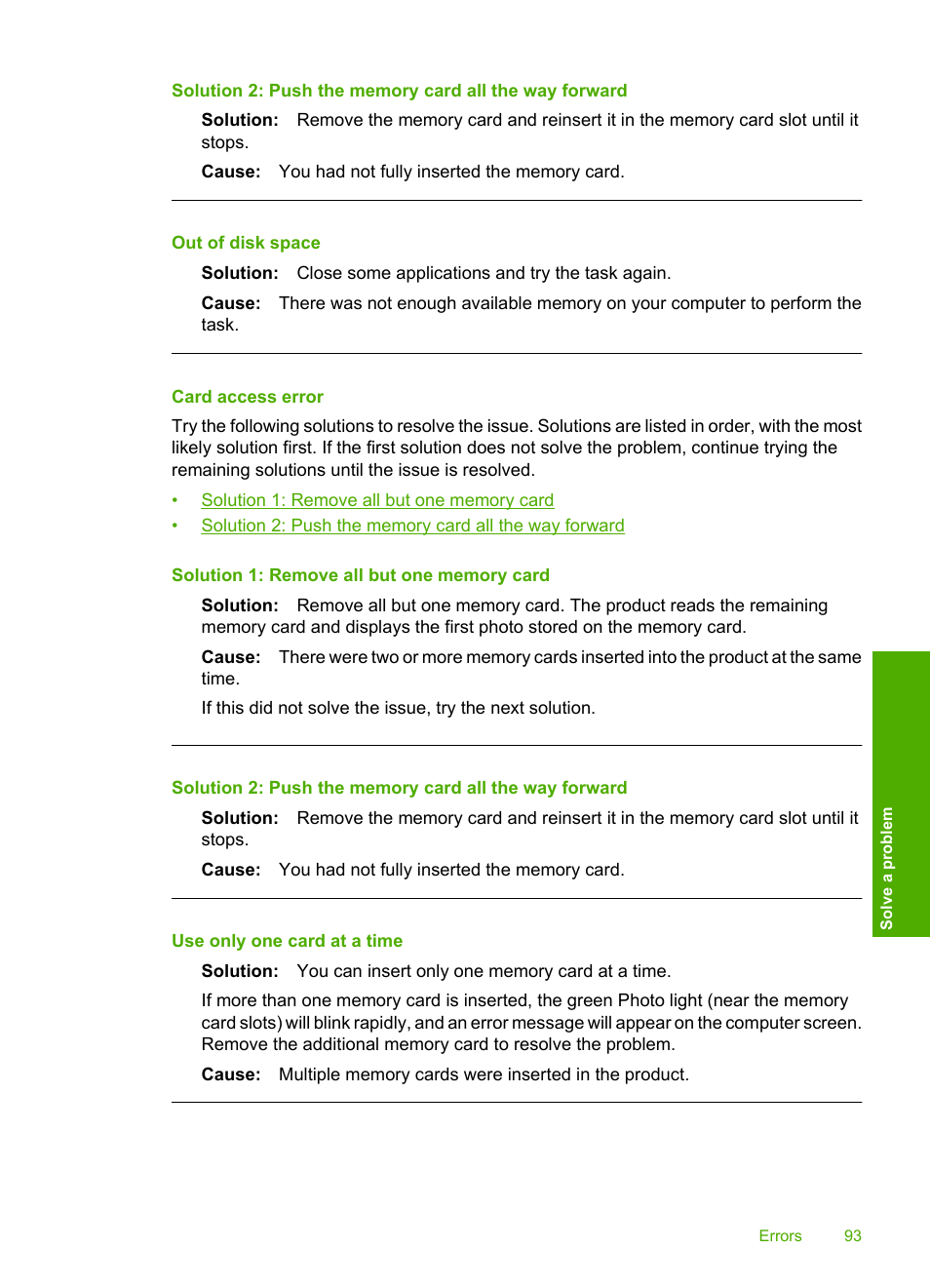 Card access error, Out of disk space, Use only one card at a time | HP Photosmart C4680 All-in-One Printer User Manual | Page 96 / 135